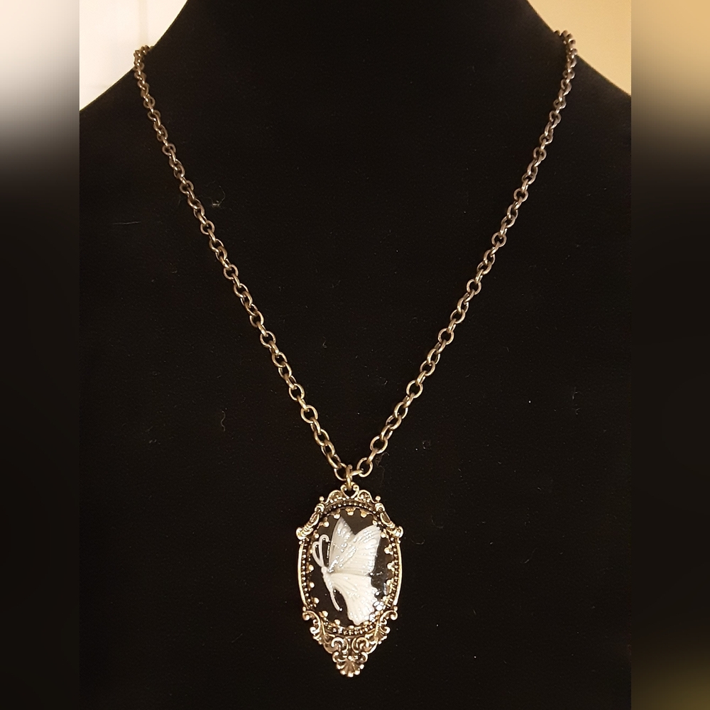 Hand Crafted Butterfly Cameo Black and White Victorian 22" Long Chain